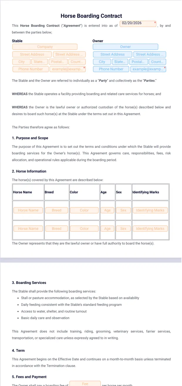 Horse Boarding Contract Template