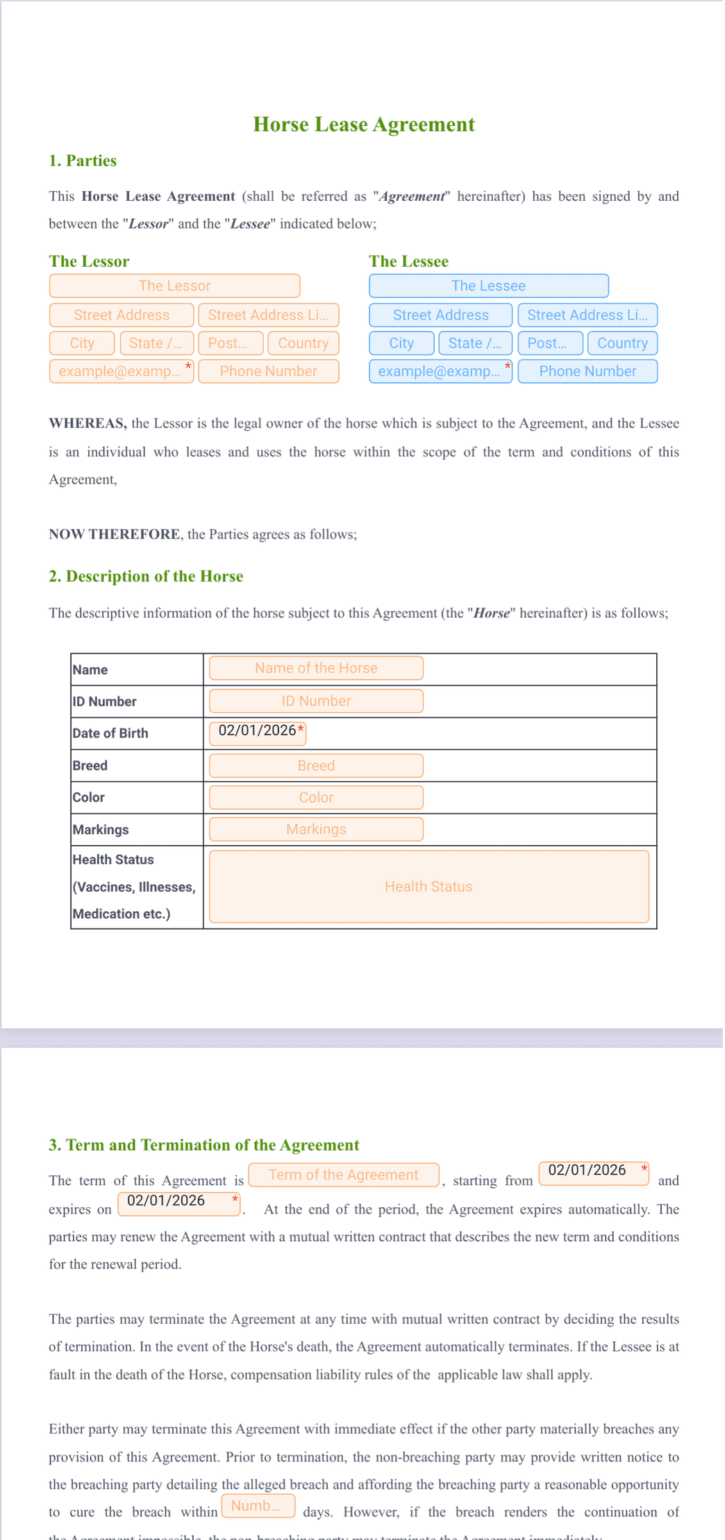 Horse Lease Agreement PDF Template Jotform