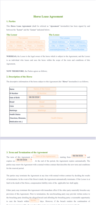 Horse Lease Agreement PDF Template
