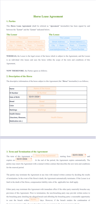 Horse Lease Agreement PDF Template