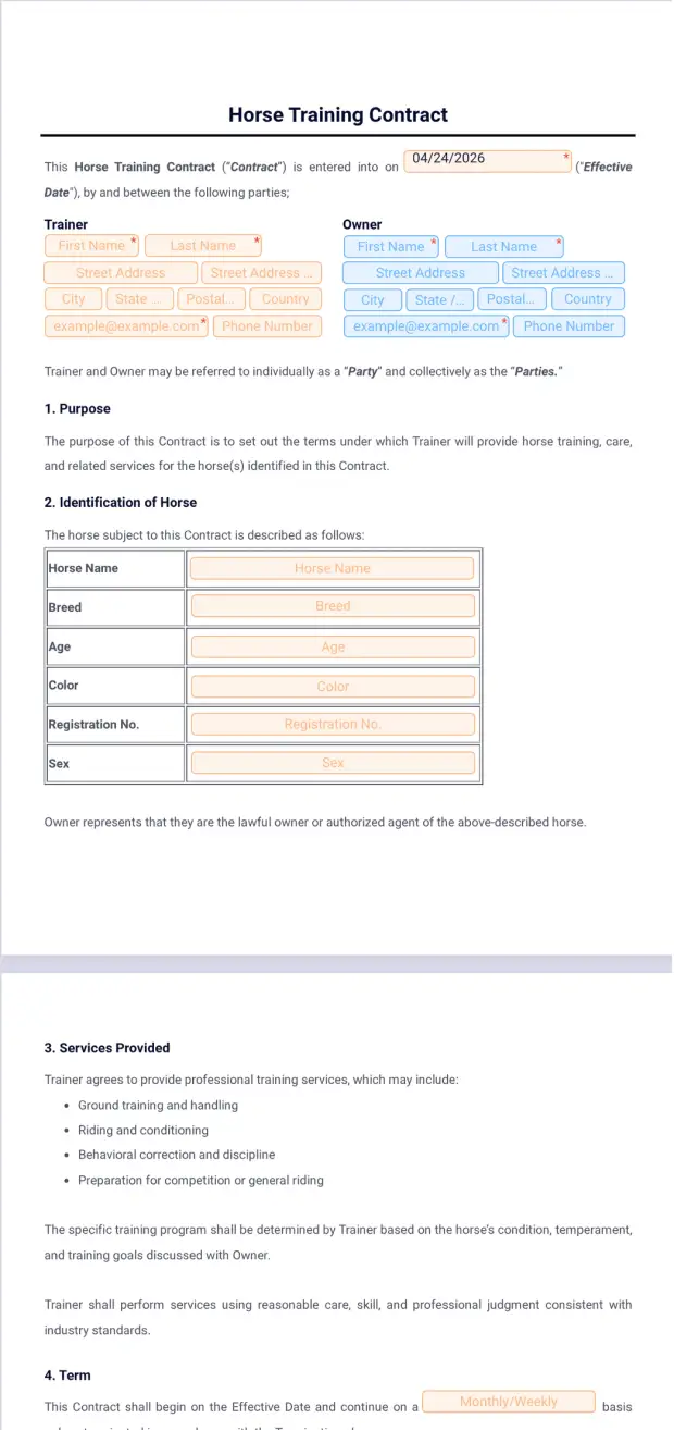 Horse Training Contract Template
