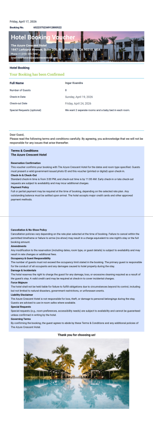Hotel Booking Voucher Template - PDF Templates