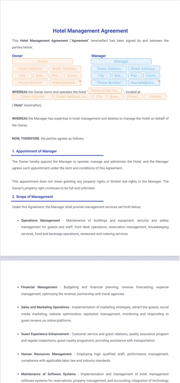 Hotel Management Agreement PDF Template Jotform