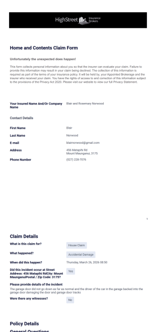 House and Contents Claims Form PDF Template