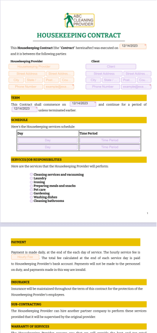 Housekeeping Contract PDF Template