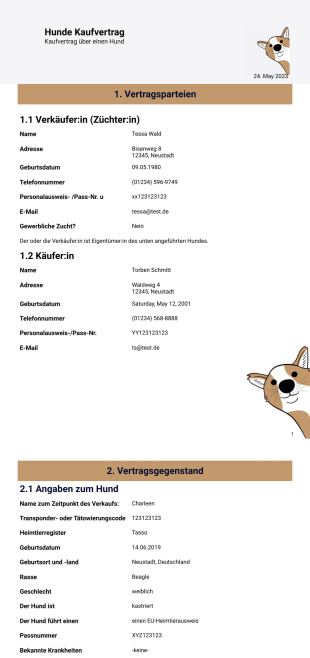 Hunde Kaufvertrag PDF-Vorlage