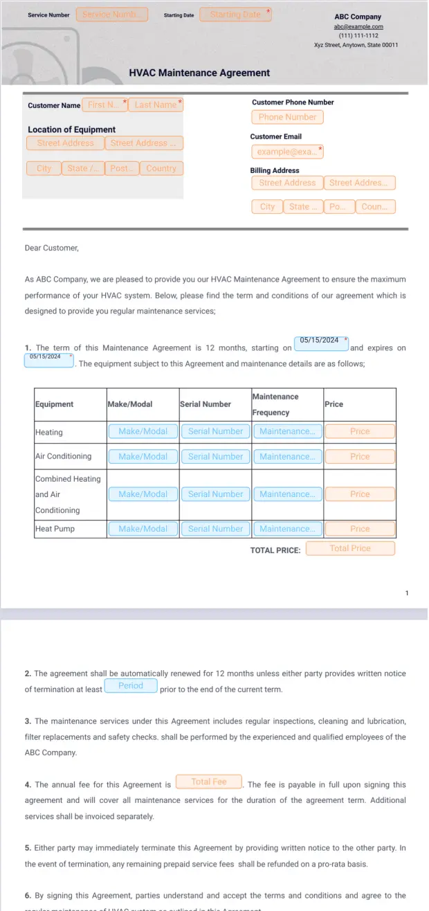 HVAC Maintenance Agreement - PDF Templates | Jotform
