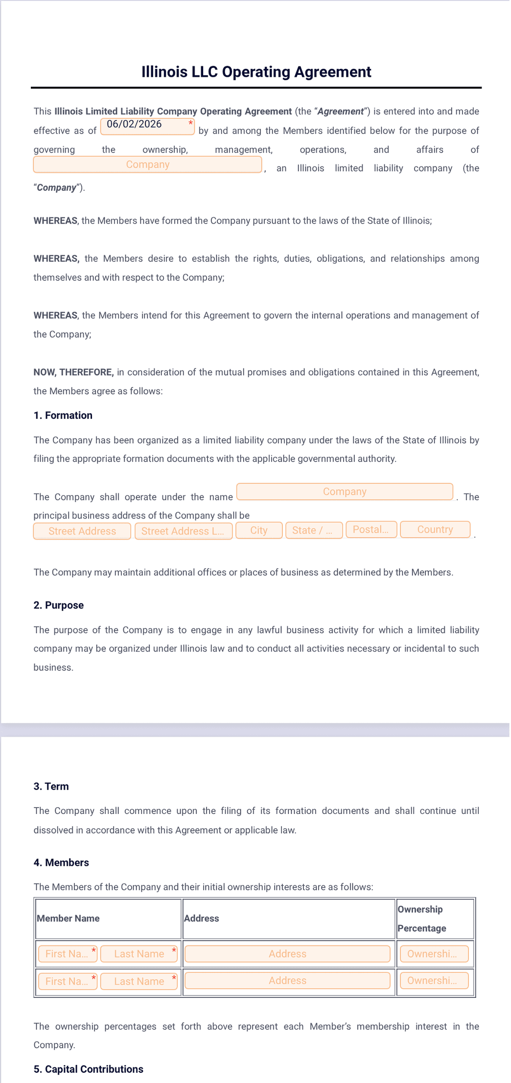 Operational Agreement.pdf Illinois LLC Operating Agreement Template - PDF Templates | Jotform