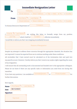 Immediate Resignation Letter PDF Template