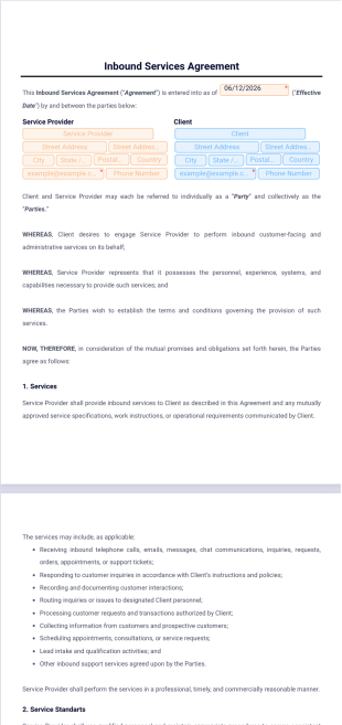 Inbound Services Agreement PDF Template