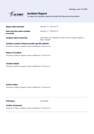 Incident Report - Lakeside PDF Template