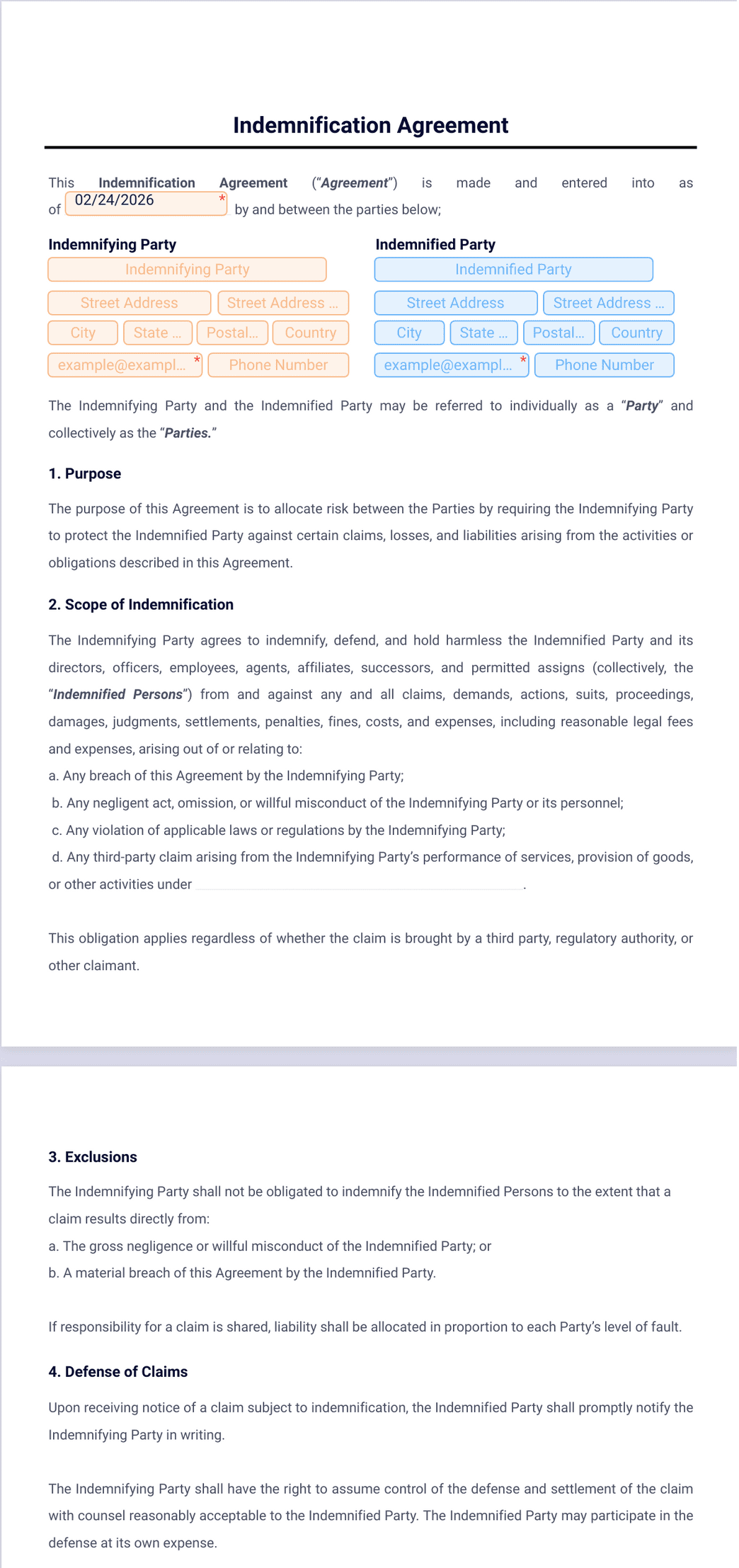 Indemnification Agreement Template - PDF Templates | Jotform