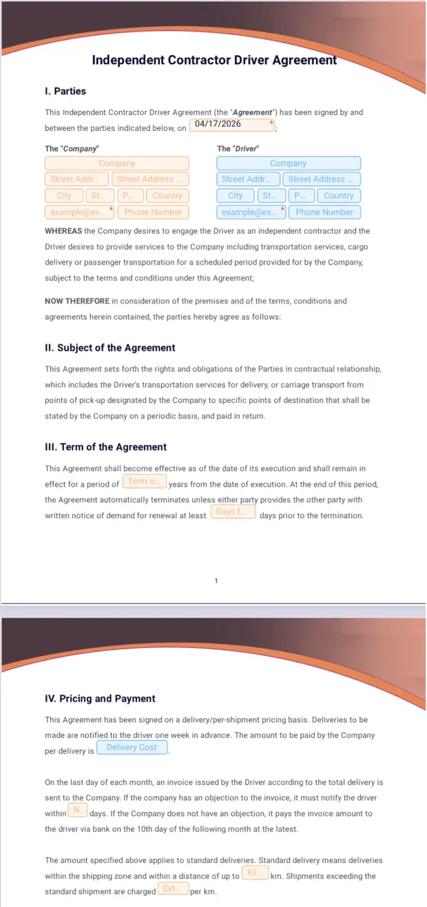 Independent Contractor Driver Agreement PDF Template Jotform