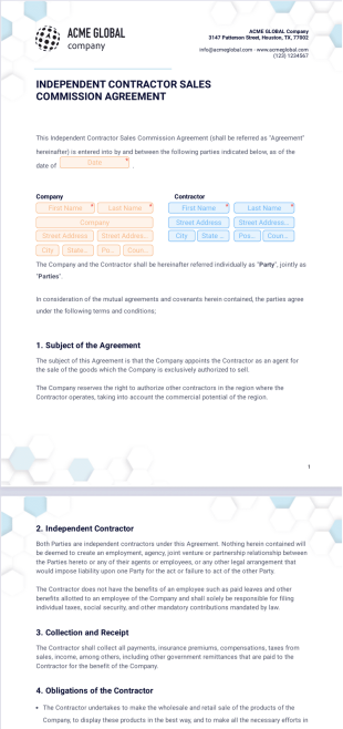 Independent Contractor Sales Commission Agreement PDF Template