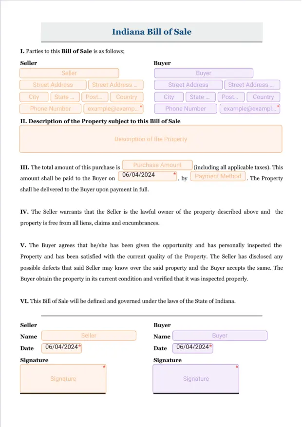 Indiana Bill of Sale