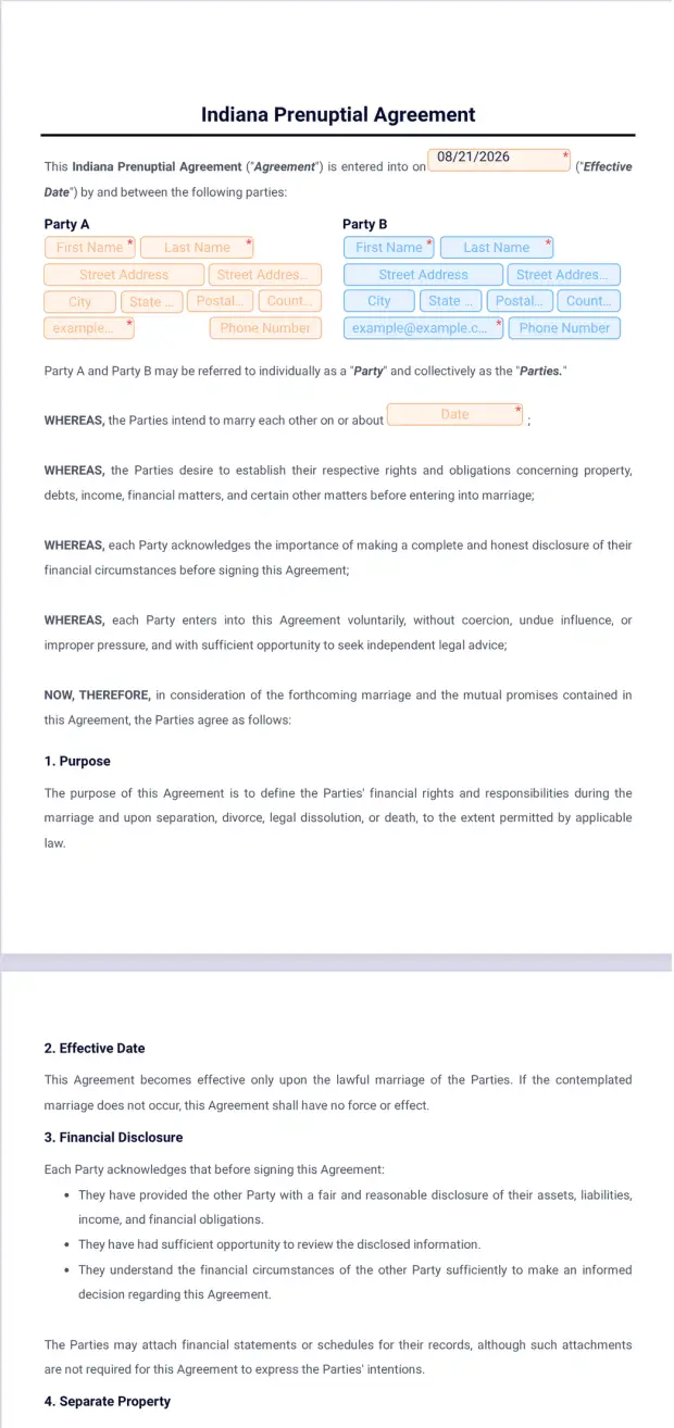 Indiana Prenuptial Agreement Template