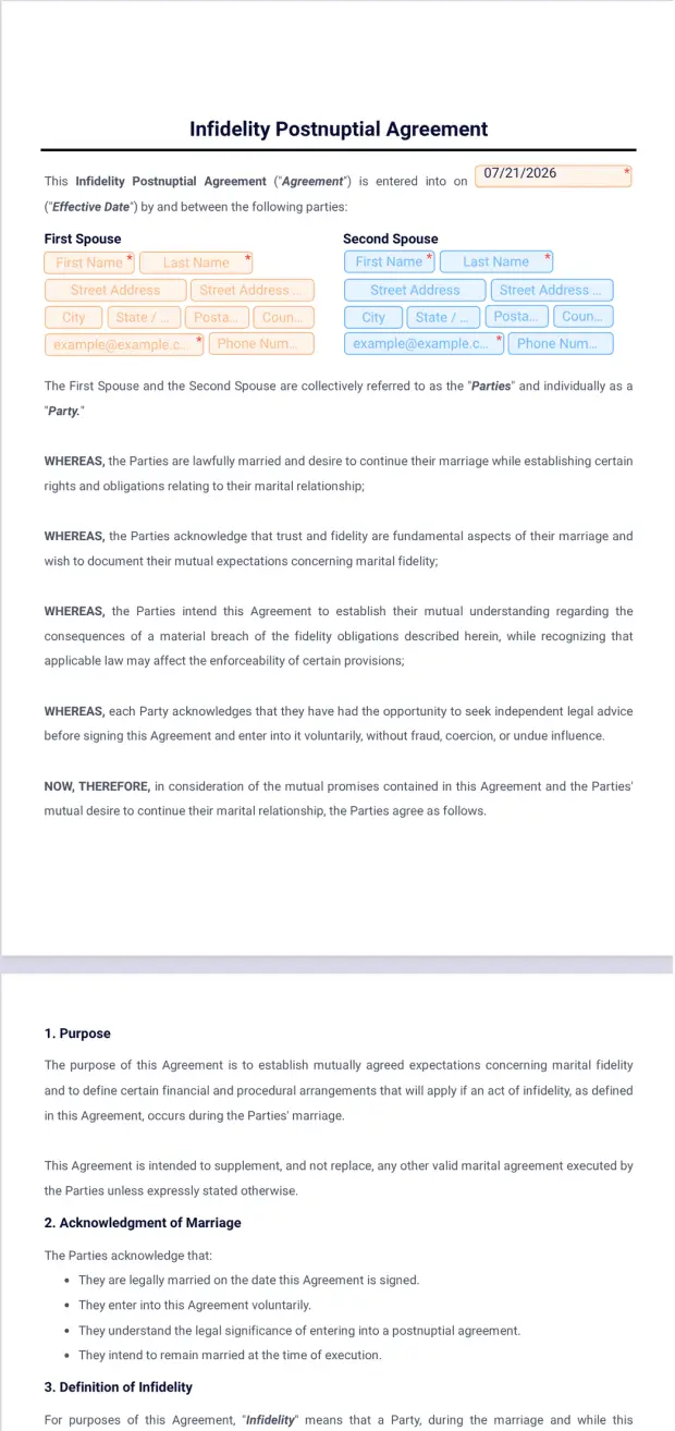 Infidelity Postnuptial Agreement Template