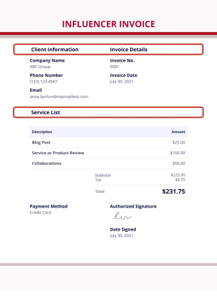 Influencer Invoice PDF Template