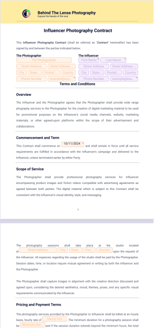 Influencer Photography Contract Template - PDF Templates