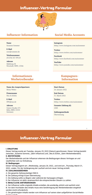 Influencer Vertrag Vorlage - PDF-Vorlagen