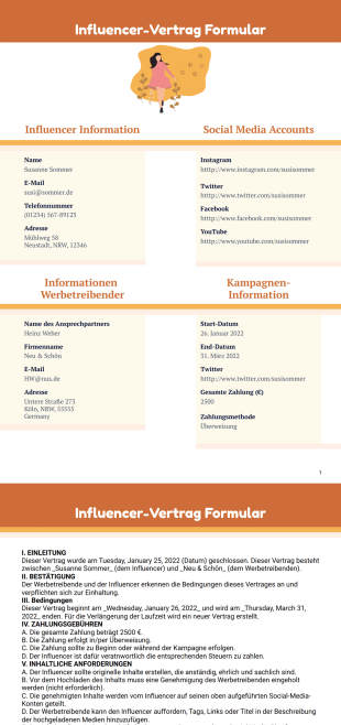 Influencer Vertrag Vorlage - PDF Templates