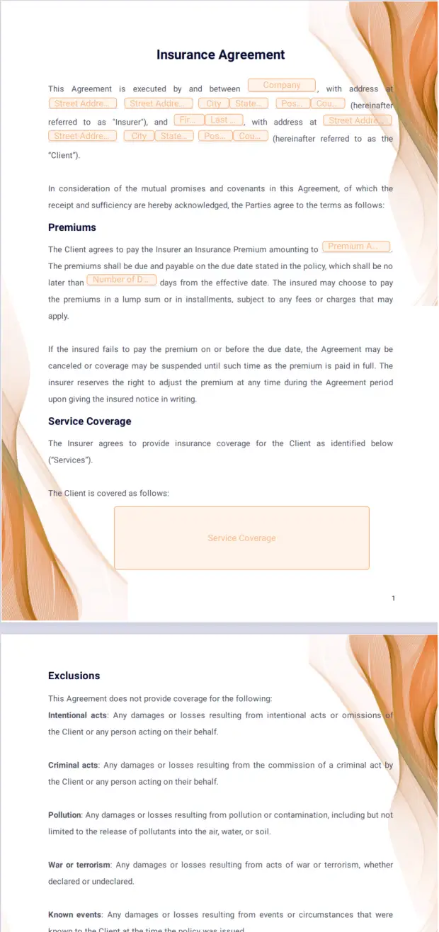 Random Insurance Contract Insurance Agreement Template - PDF Templates | Jotform