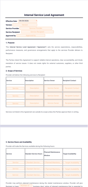 Internal Service Level Agreement Template - PDF Templates