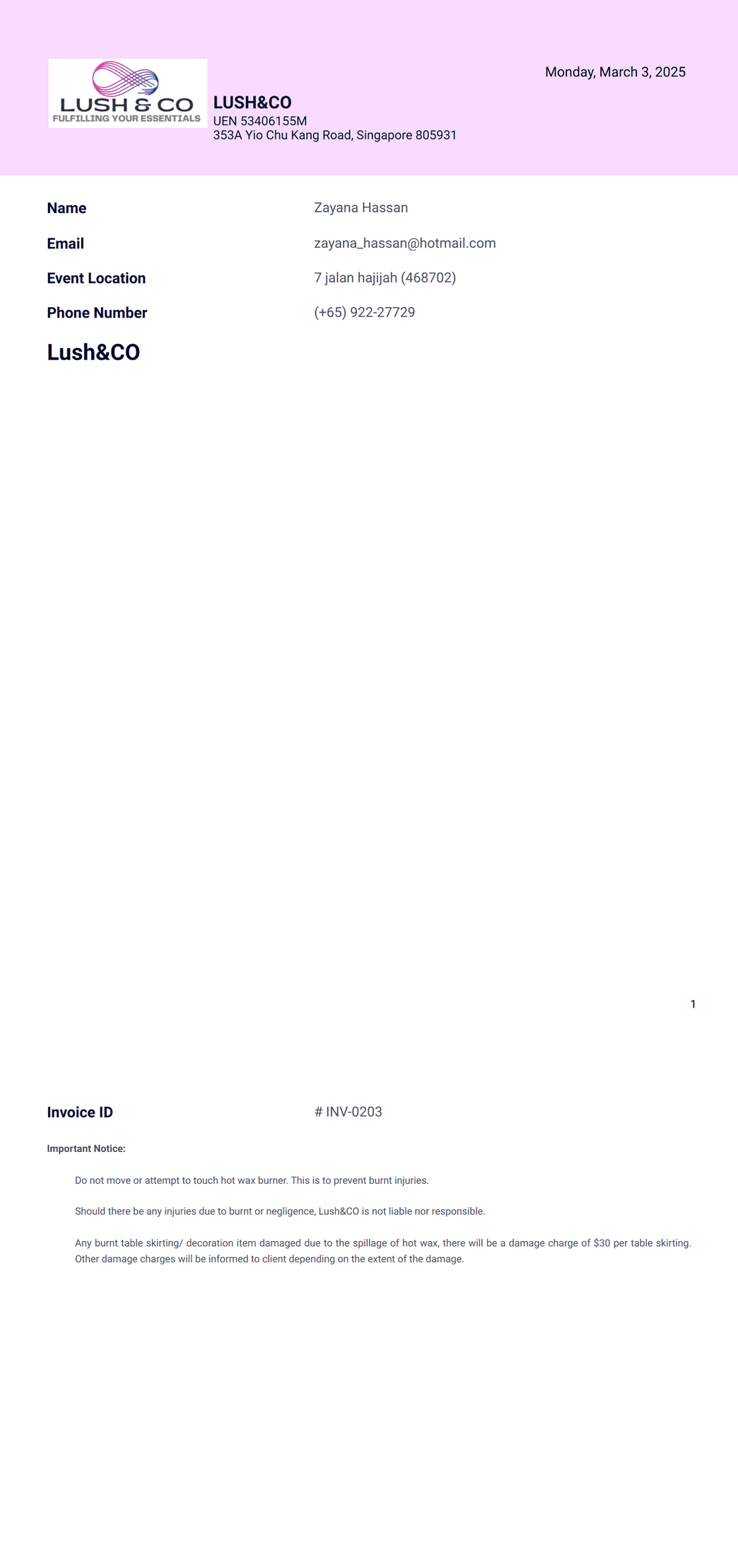 Invoice by Lush&CO PDF Template | Jotform
