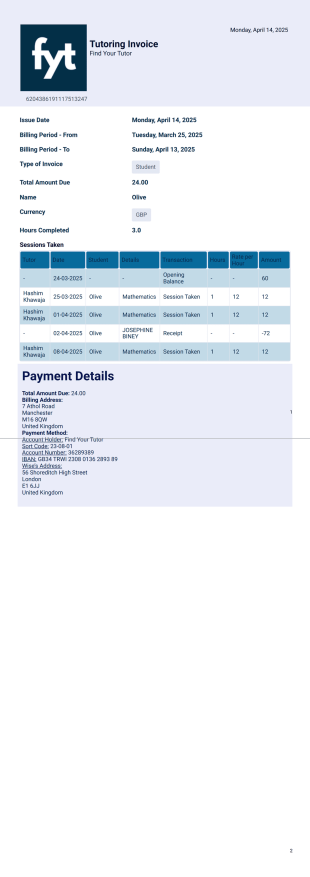 Invoice - Tutoring PDF Template