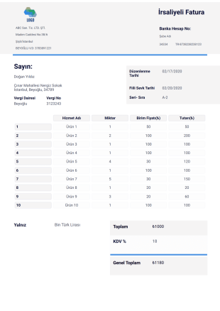 İrsaliyeli Fatura Örneği - PDF Templates