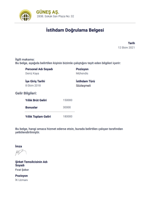 İstihdam Doğrulama Belgesi - PDF Templates