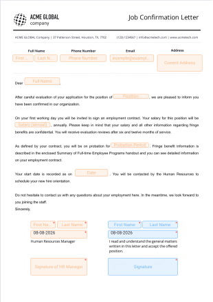 Job Confirmation Letter PDF Template