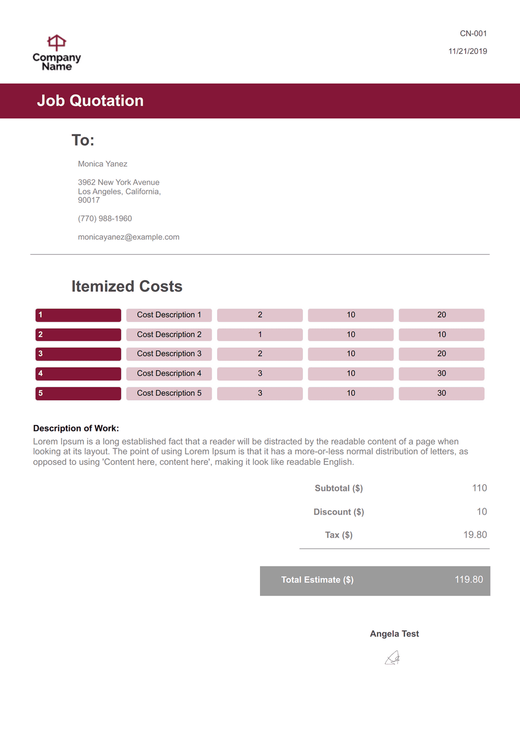 Job Quote Template - PDF Templates | Jotform