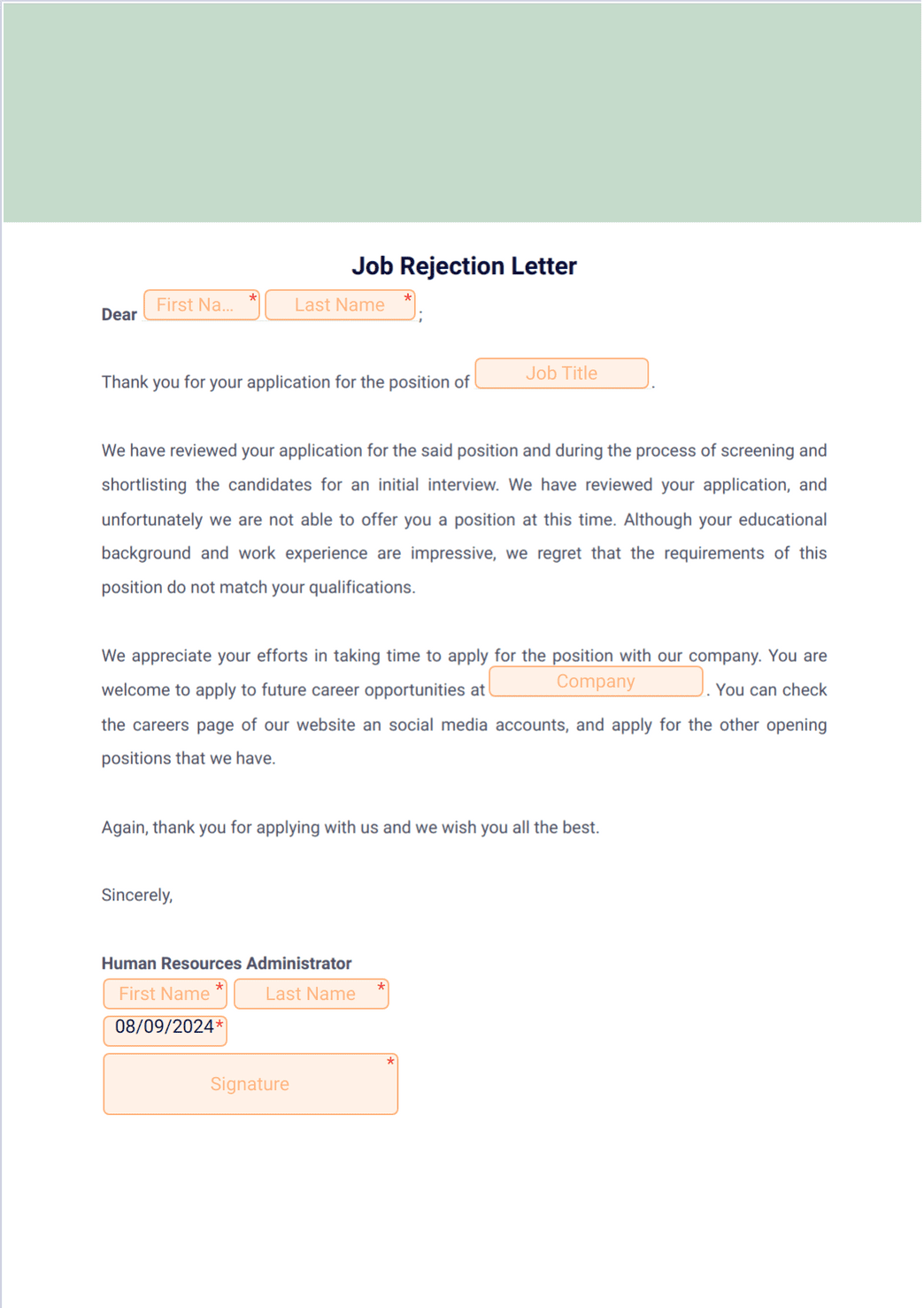 Sample Job Rejection Letter Download Printable Pdf Templateroller
