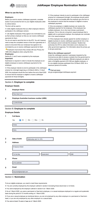 JobKeeper Employee Nomination Notice PDF Template
