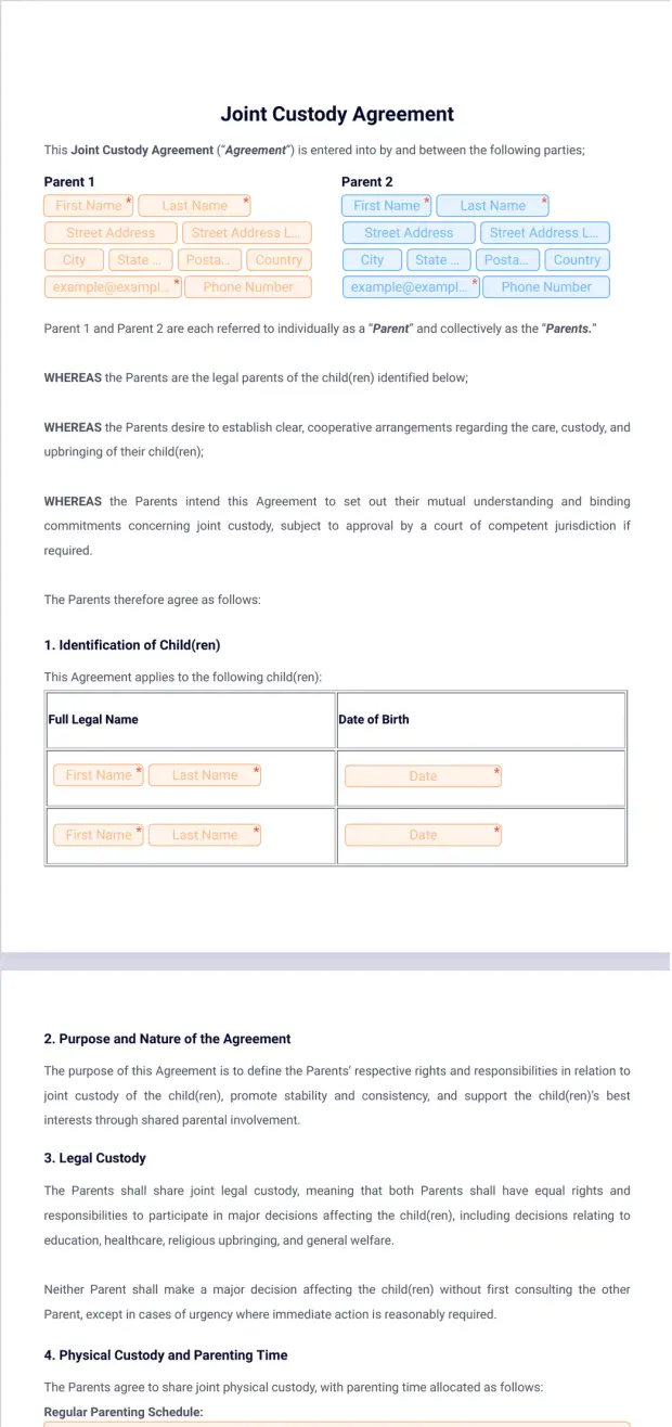 Joint Custody Agreement Template