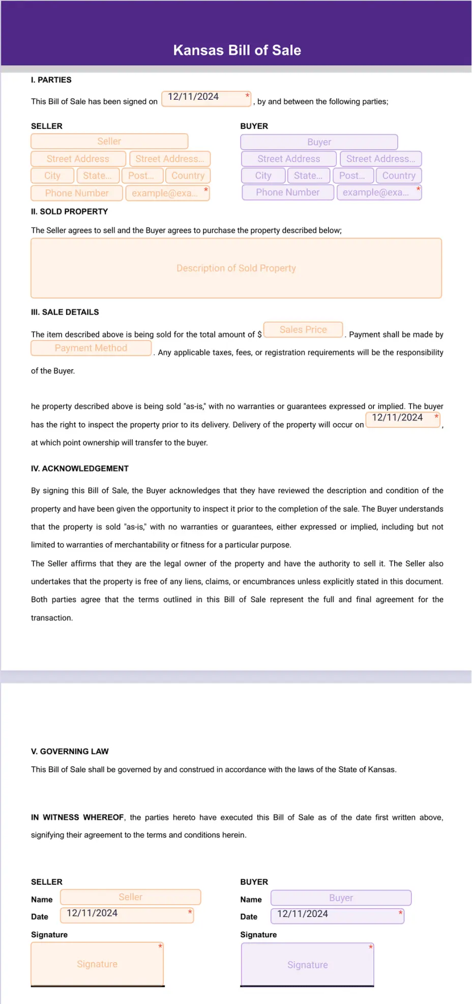 Kansas bill of sale sign templates jotform