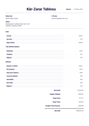 Kar-Zarar Tablosu Şablonu - PDF Templates