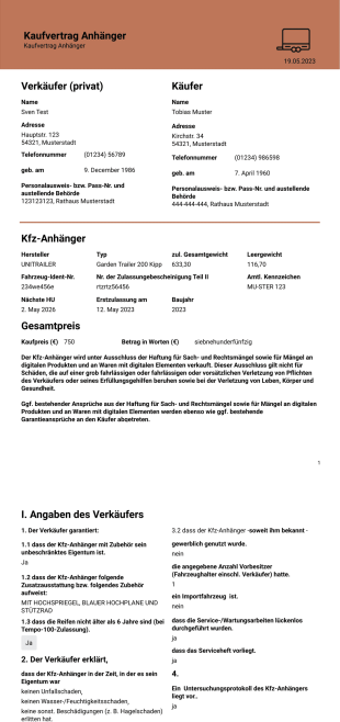 Kaufvertrag Anhänger - PDF Templates