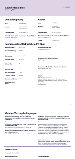 Kaufvertrag E Bike PDF-Vorlage
