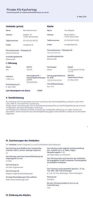 Kfz Kaufvertrag - PDF Templates