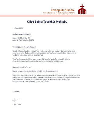 Kilise Bağışı Teşekkür Mektubu - PDF Templates