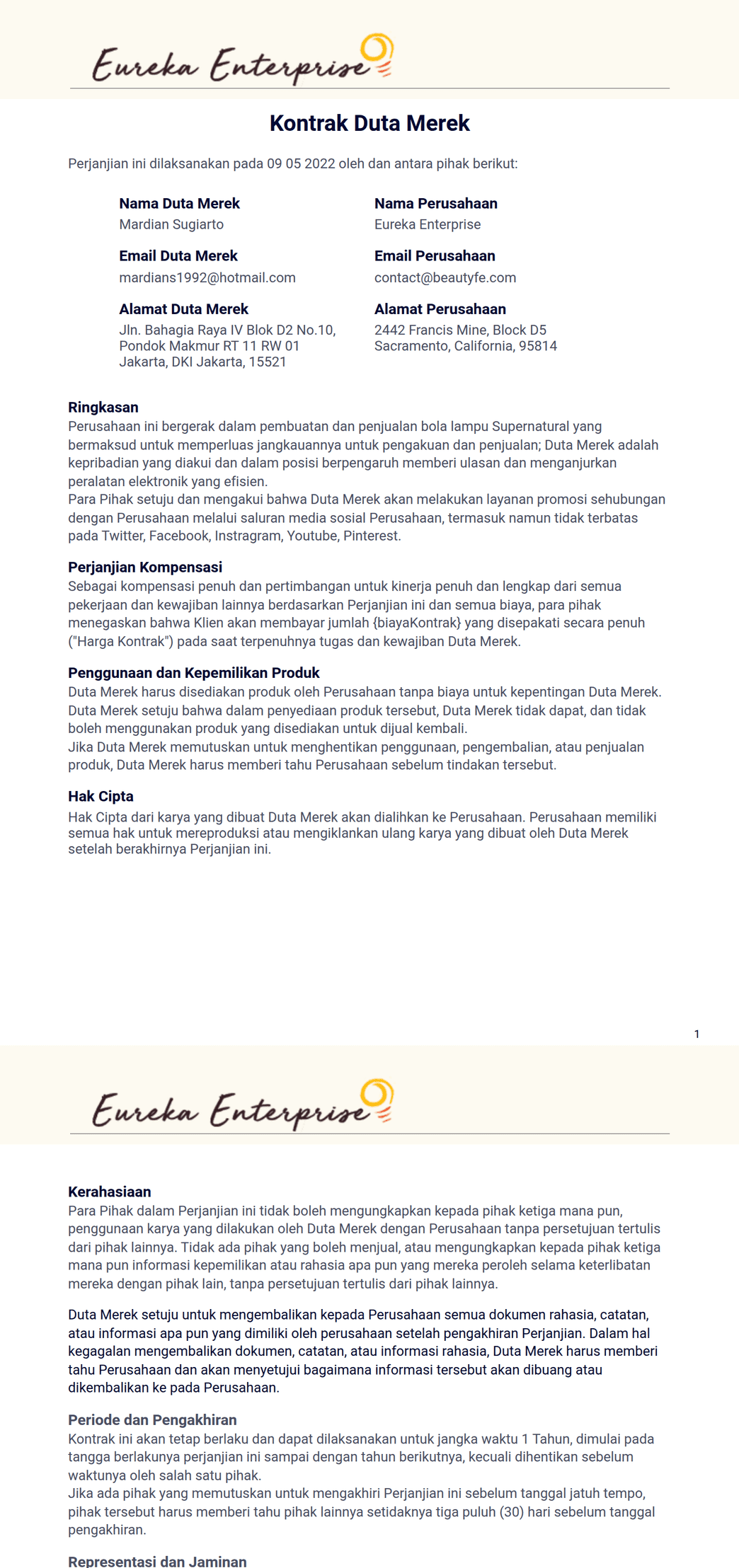 Kontrak Duta Merek Template PDF | Jotform