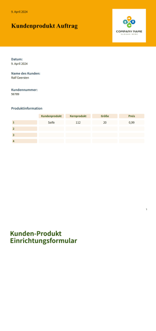 Kundenprodukt Auftrag PDF-Vorlage