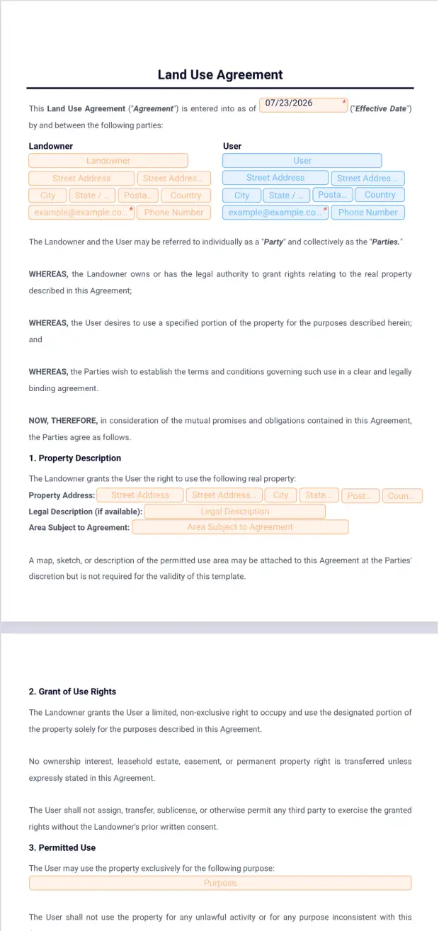 Land Use Agreement Template