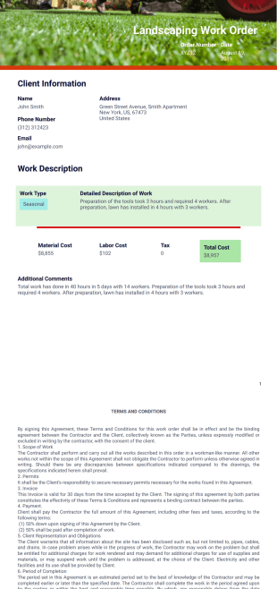 Landscaping Work Order Template - PDF Templates