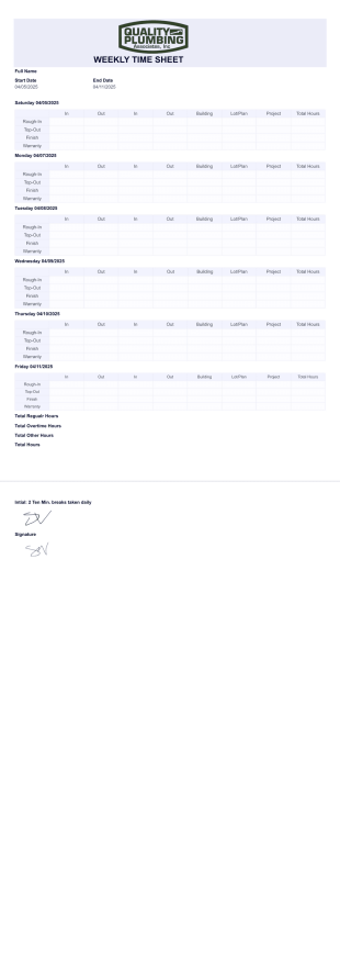 Late Weekly timesheet PDF Template
