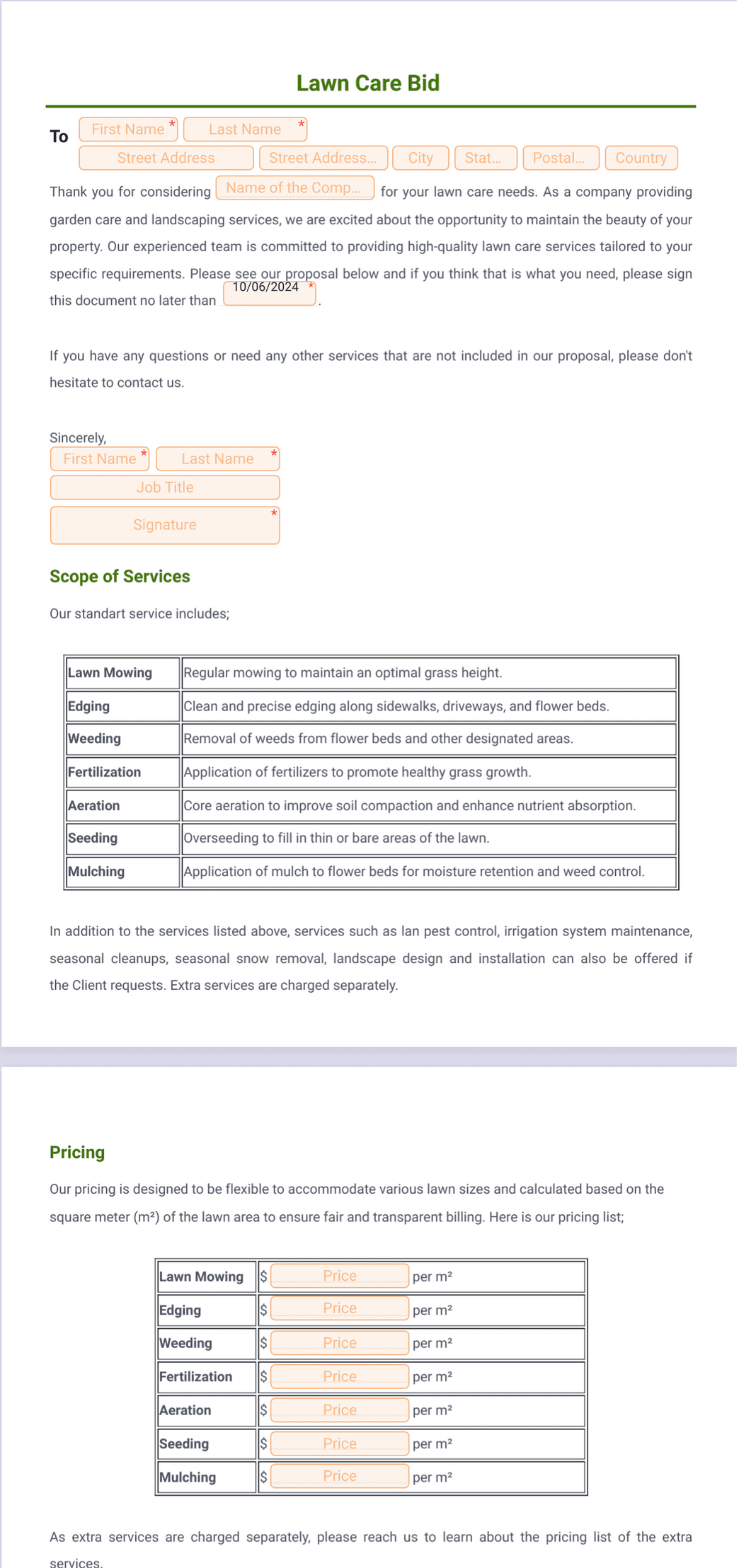 Landscaping Bid Form Template Beautiful Lawn Care And Contract Form Landscaping Bid Form Template Beautiful Lawn Care And Contract Form