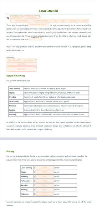 Lawn Care Bid Template - PDF Templates
