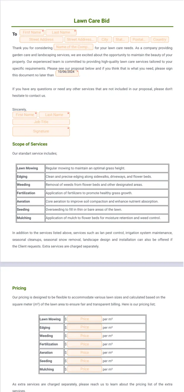 Lawn Care Bid Template